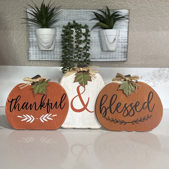 Thankful & Blessed Pumpkin Wood Tabletop Decor - Picture 1 of 4